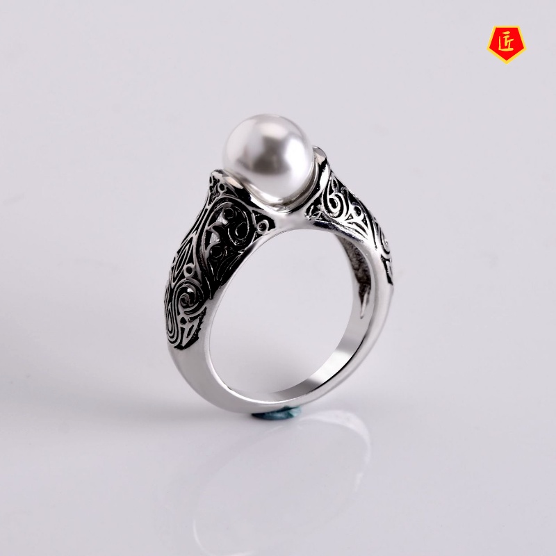 [Ready Stock]Inlaid Natural Freshwater Pearl Ring 14K Gold Retro Silver Accessories