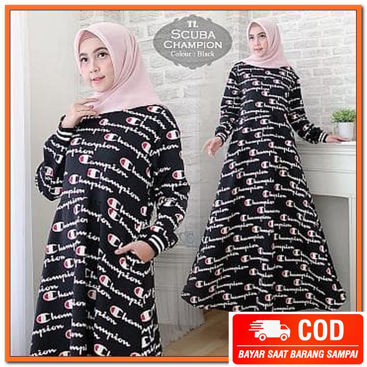 Gamis Gaza Syari Gamis Lebaran 2021 Remaja Model Gamis Terbaru Bu PQ930 [Maxi Scuba Champion Black