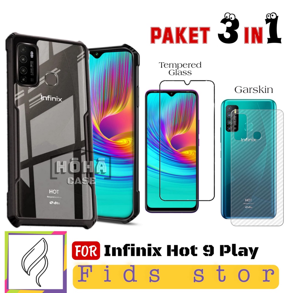 PROMO 3in1 Case Shockproof INFINIX Hot 9 Play &amp; Tempered Glass Layar Lens Camera FREE GARSKIN