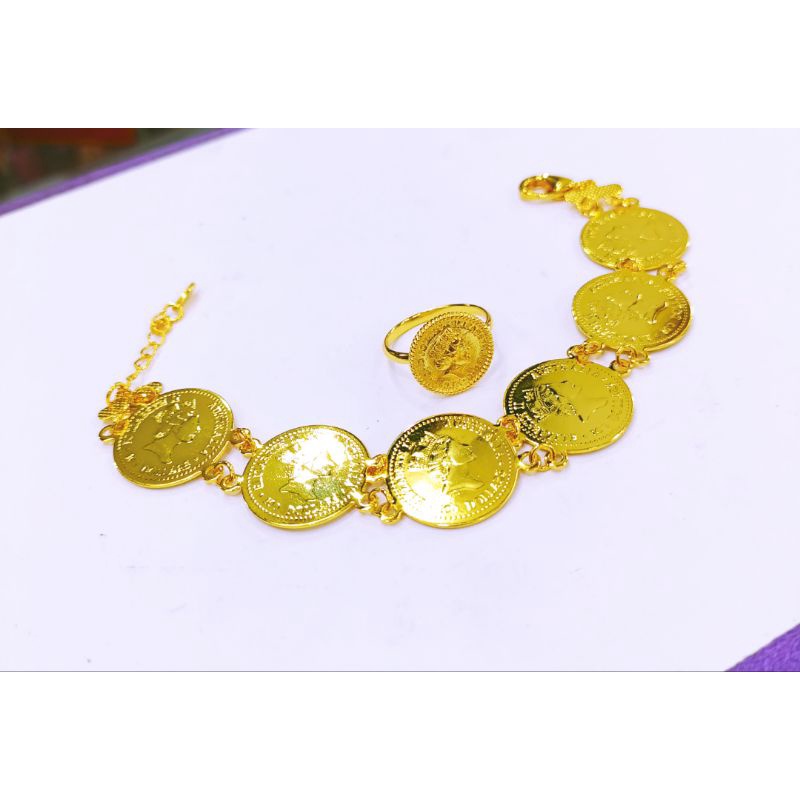 PERHIASAN SET GELANG CINCIN FULL KOIN ANTI KARAT REPLIKA EMAS KUNING KADAR 700 LAPIS EMAS