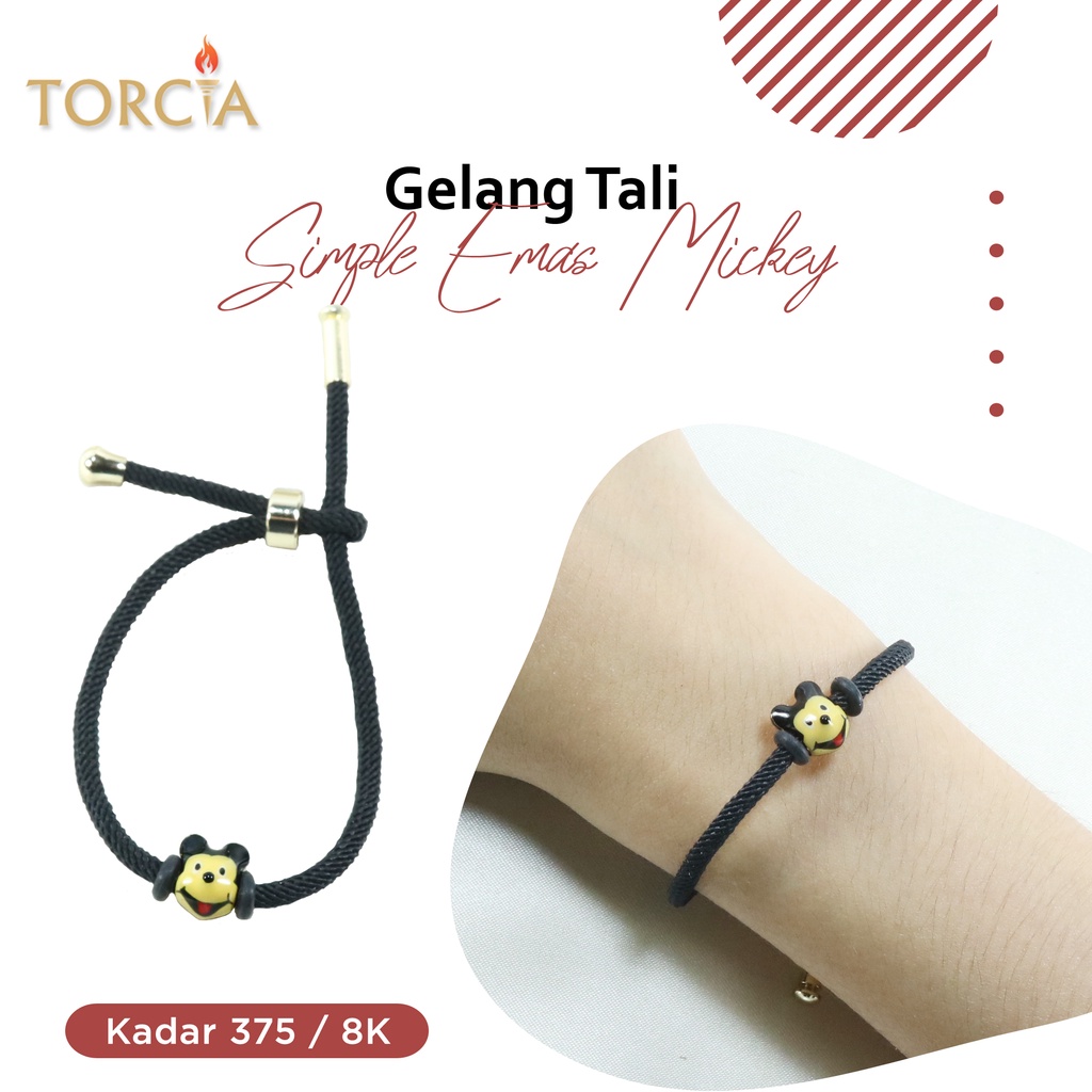 Gelang Tali Charm Emas Asli Simple Mickey Kadar 375 Torcia