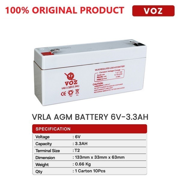 VOZ VRLA AGM 6V 3.3Ah/3.3Ah T2 Aki Kering Baterai Berkualitas ORIGINAL