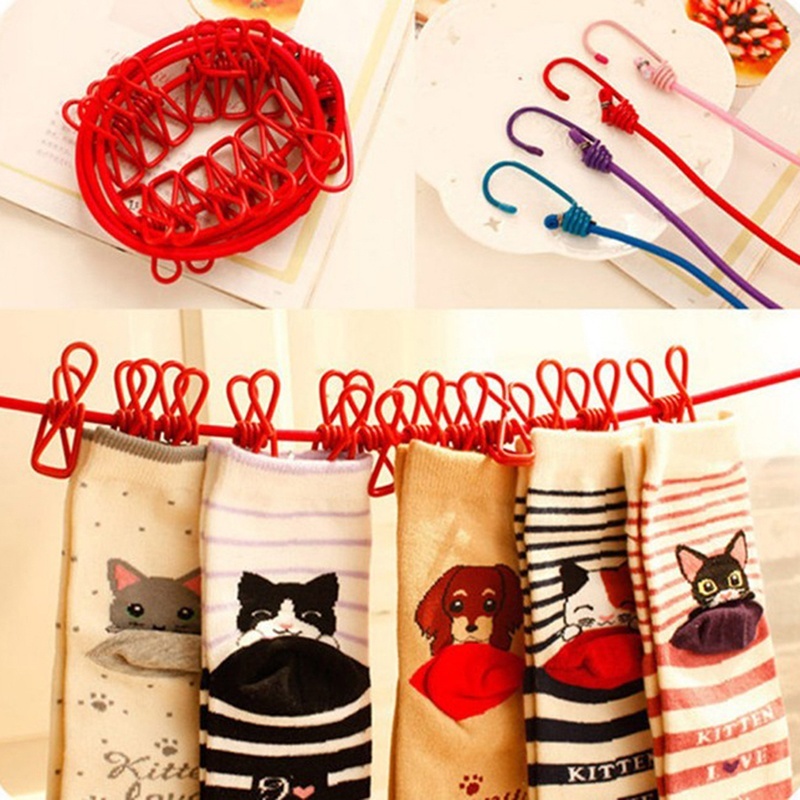 Tali Jemuran Portable Dengan 12Pcs Klip Jepit 4 Warna Untuk Outdoortravel