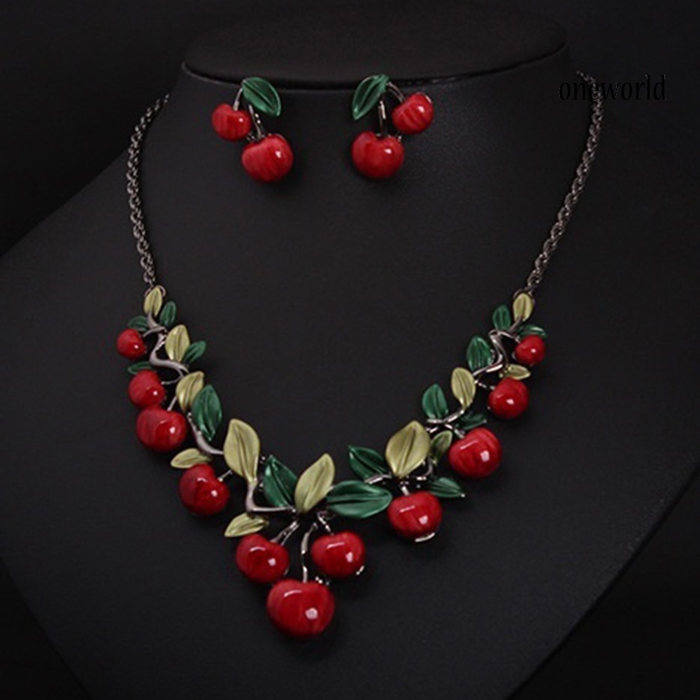 OW@ 1 Set Vintage Red Cherry Fruit Jewelry Set Chic Bridal Necklace Earrings