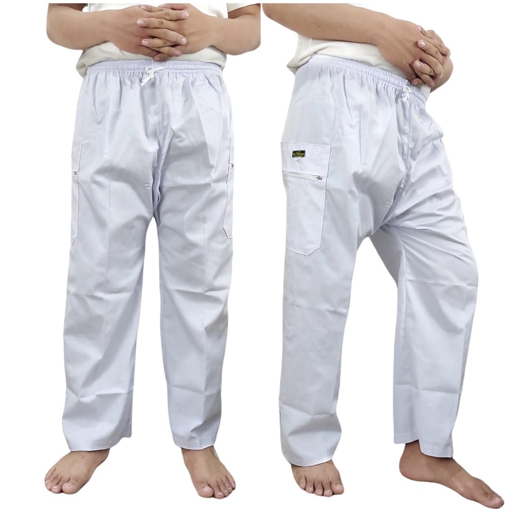 Celana Panjang Pangsi Dewasa KATUN DRILL PREMIUM Sirwal Big Size Umroh Putih Sholat Shalat Muslim