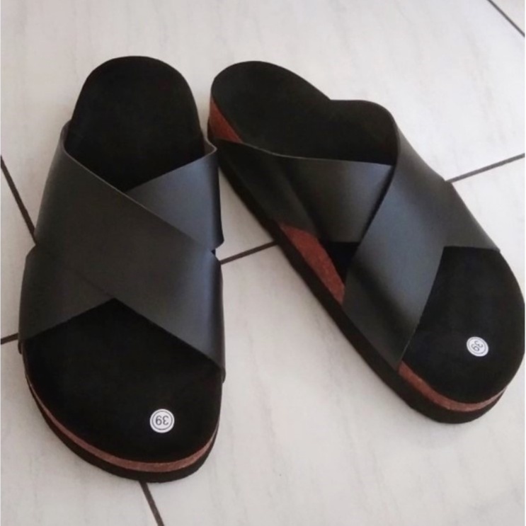 SANDAL SELOP SOL TEBAL BAN SILANG BLACK WANITA UKURAN JUMBO BESAR BIG SIZE