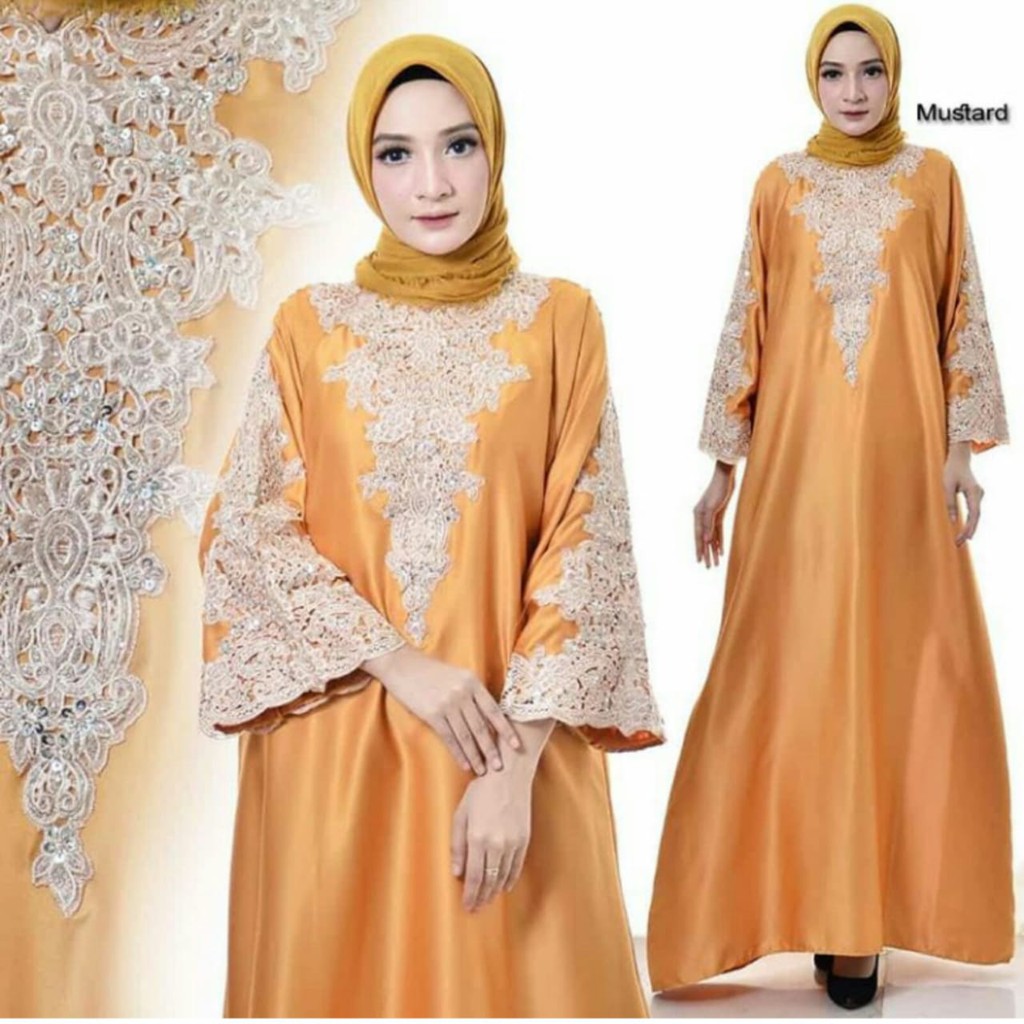  Gamis Kaftan  Full Bordir Bahan Satin Warna Kuning Mustard 