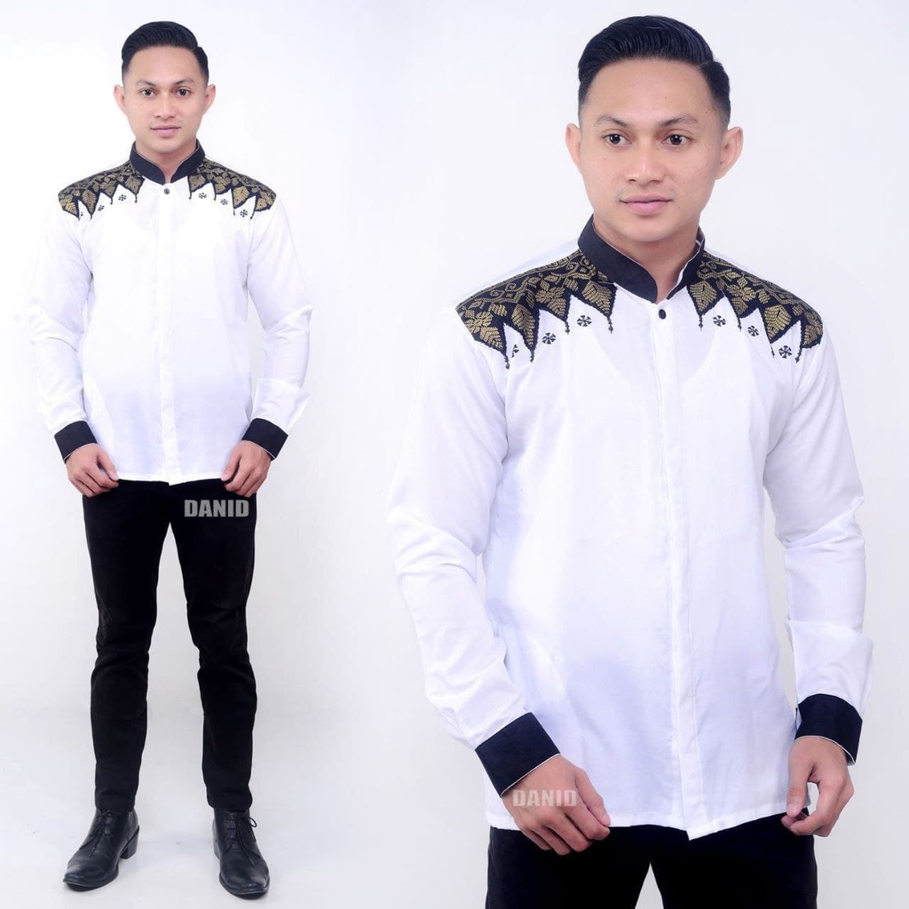 Baju Muslim Koko Pria Putih Jarum Emas Dan Silver Lengan Panjang