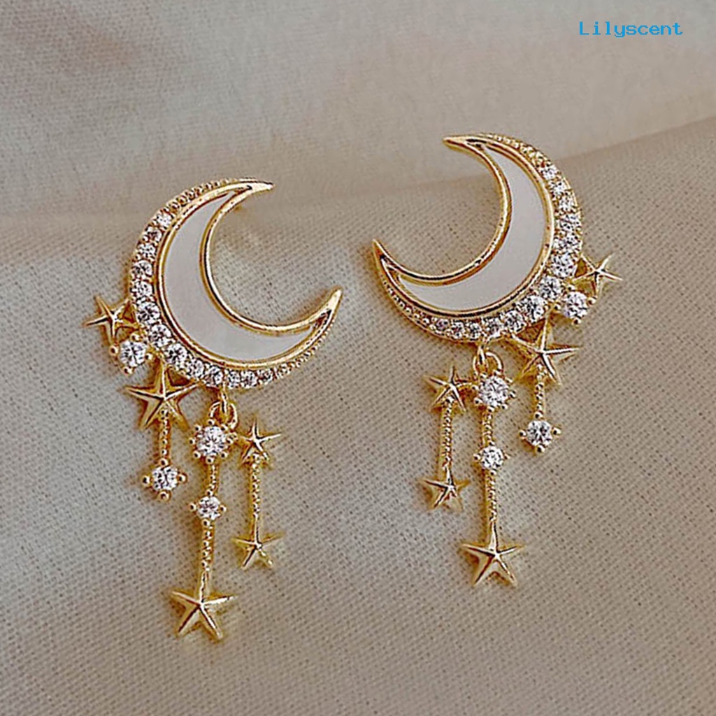 1 Pasang Anting Stud Rumbai Bentuk Bulan Bintang Aksen Berlian Imitasi Untuk Wanita