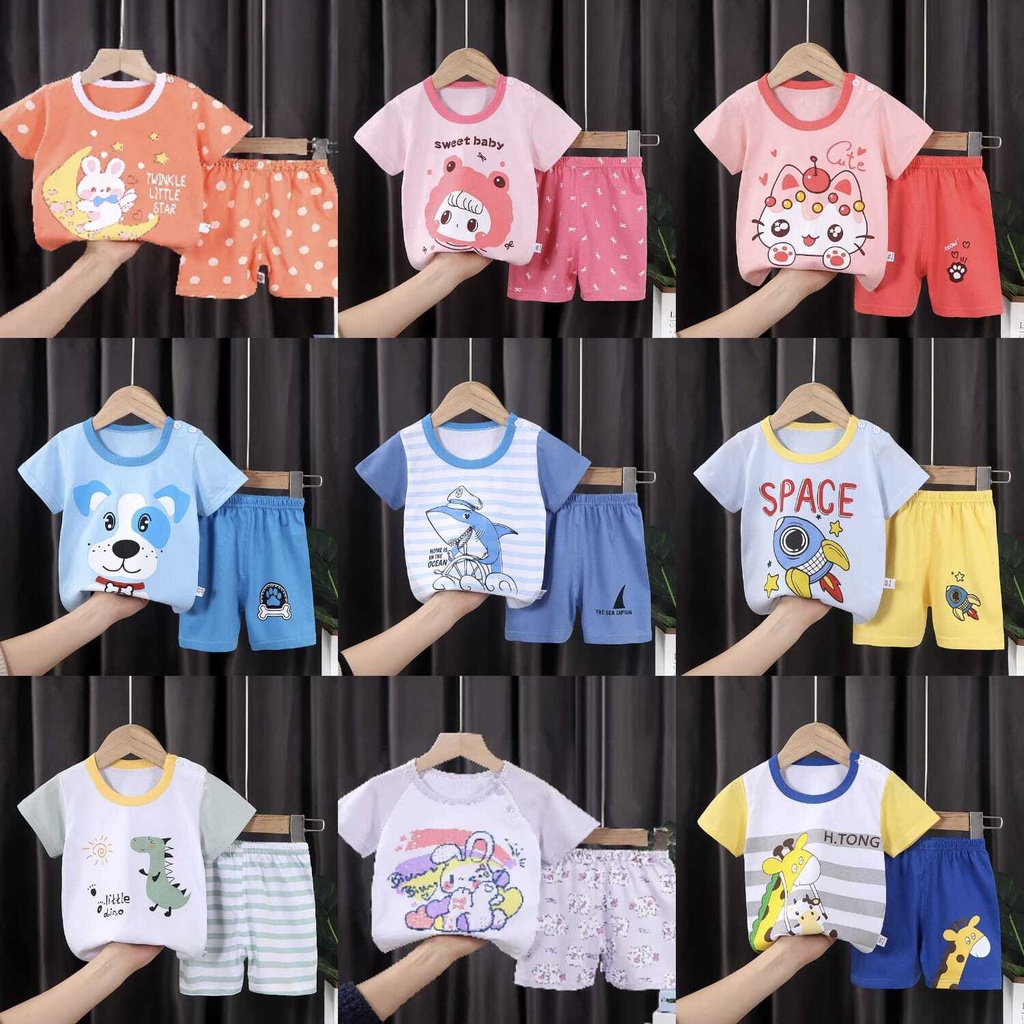 ( zwq ) PDK008-014 Baju Jumper Pendek Kaos + Celana Baju Anak Setelan Lengan Pendek, Setelan Anak 0-6 Tahun