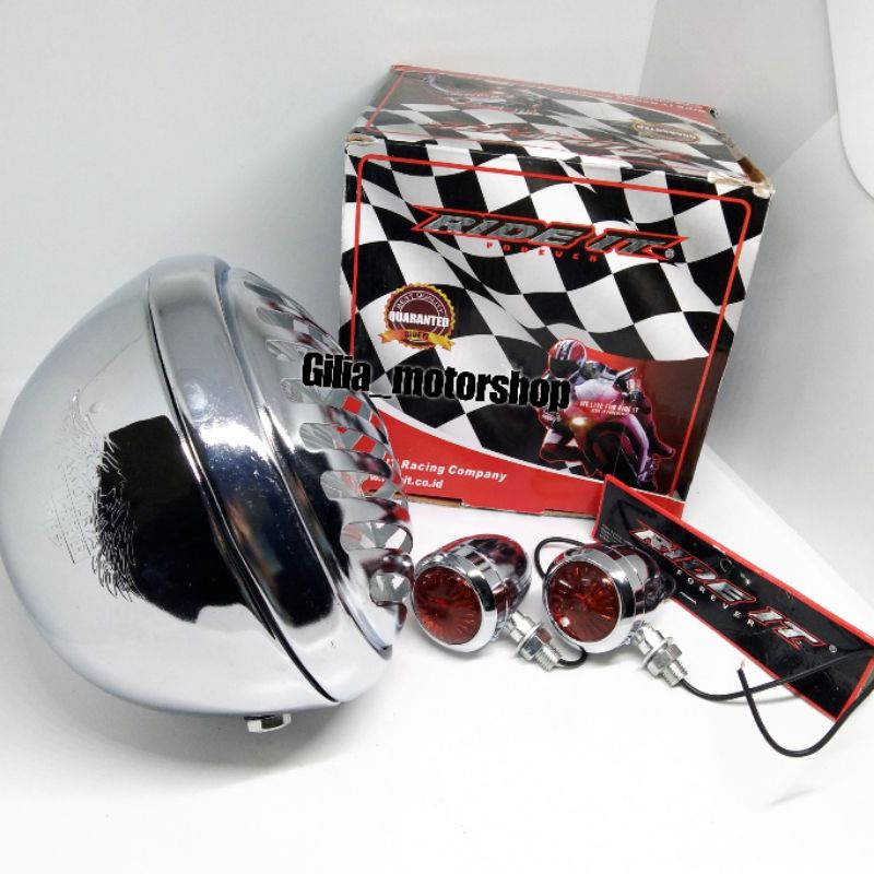 Paket Reflektor Lampu Depan Grill Classic 7Inch Headlamp tralis Chrome ride it Original Universal