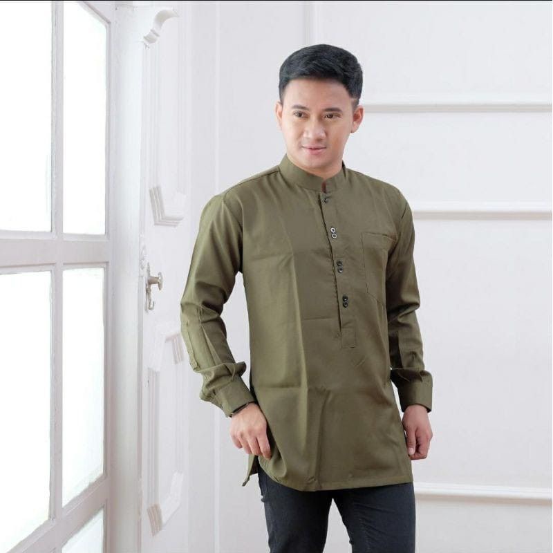 BAJU KOKO KURTA LENGAN PANJANG PRIA DEWASA (MATT KATUN TOYOBO ORIGINAL) SIZE M L XL XXL-Polos army