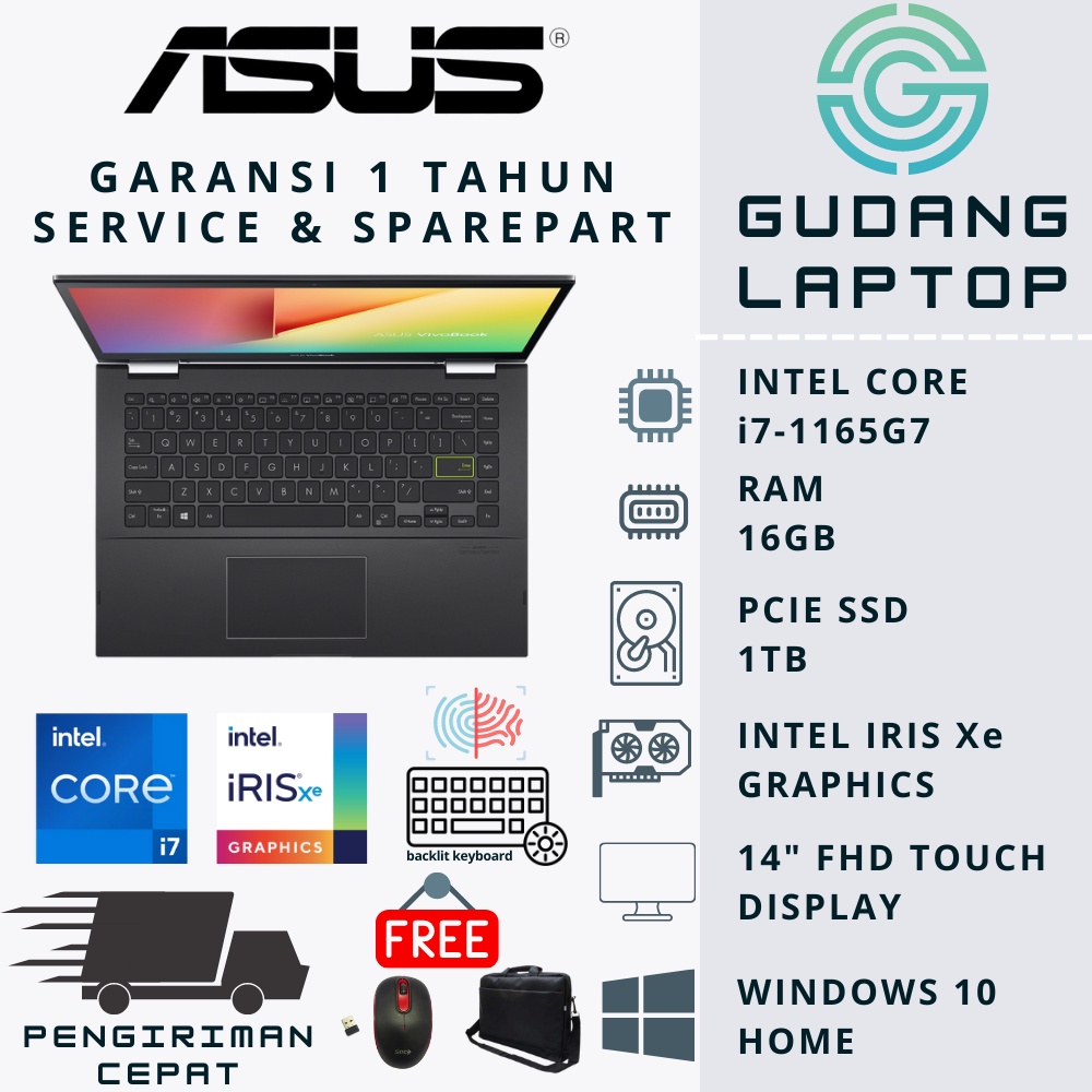 LAPTOP ASUS VIVOBOOK FLIP TP470EZ i7 1165G7 RAM 16GB 512GB SSD IRIS XE MAX TOUCHSCREEN WIN10