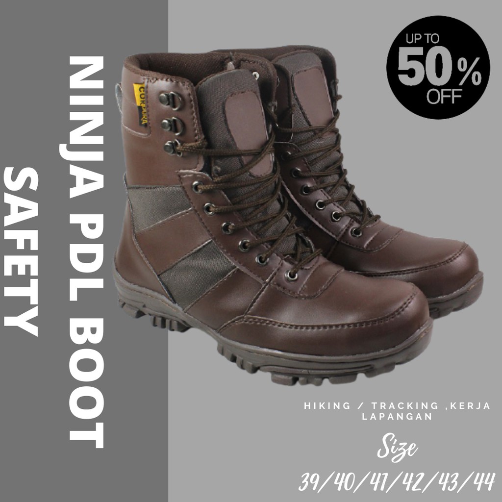 COD! Sepatu Boots Safety Pria Ninja PDL Tinggi Sleting 8 Inci Coklat Ujung Besi Kerja Lapangan Cowok