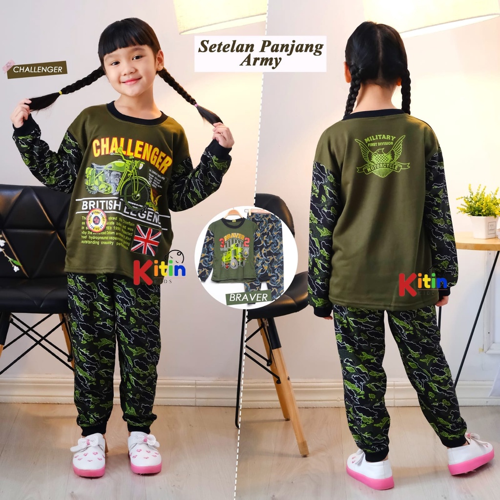 JS - SETELAN BAJU TIDUR DAN PIYAMA ANAK COWOK CEWEK KATUN MOTIF ARMY LORENG UKURAN 2-9 TAHUN BAHAN K