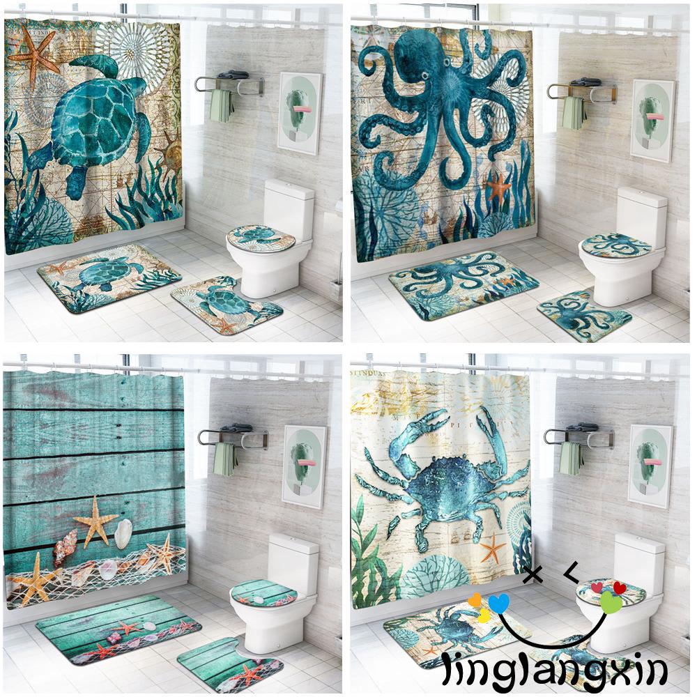 4pcs Big Sea Style Non Slip Waterproof Fabric Bathroom Curtain Plain Toilet Mat Rugs Mat Set Shopee Indonesia
