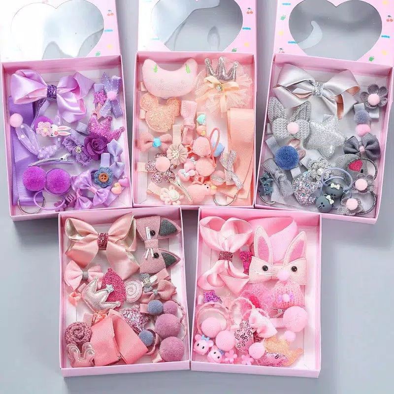 Aksesoris Pita Jepit Rambut Set Anak 18pcs Dengan Kotak Lucu Import SET BOX Kado