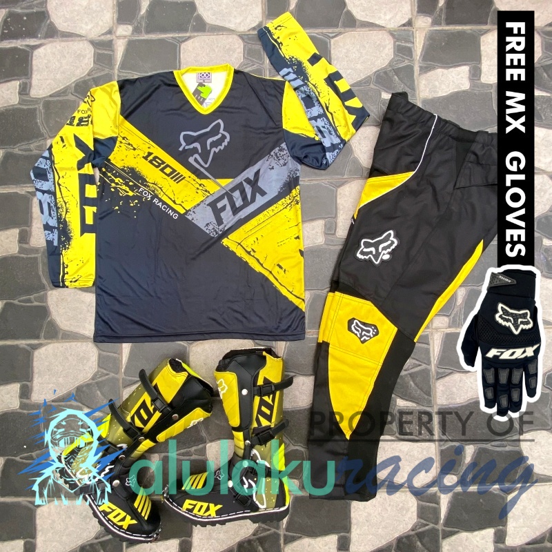 Jersey, Celana, Sarung Tangan &amp; Sepatu Fullprint with Protectors Fullset MX Trail Motocross - Paket Bundling FOCTFG191507-F41