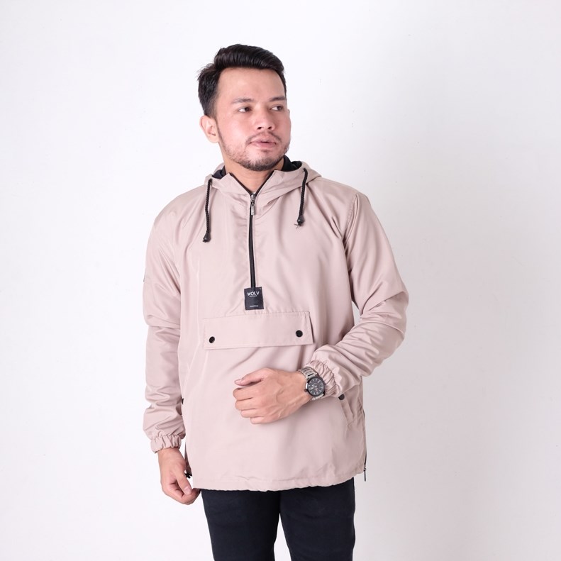 Jaket Parasut Hoodie Pria Cream Wind Breaker Taslan Cream