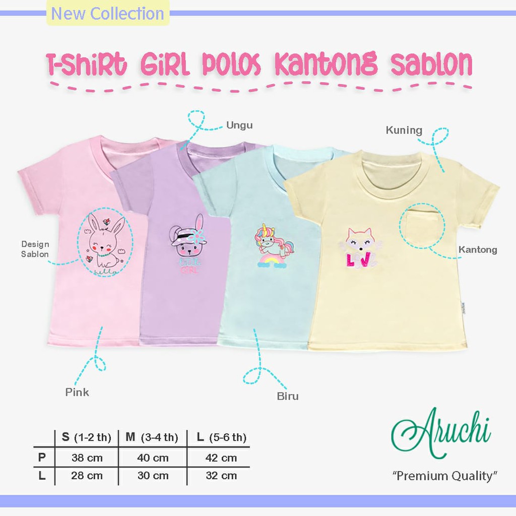 1pcs TSHIRT POCKET TEE SABLON / POLOS ARUCHI BOY &amp; GIRL SNI 1-6 Tahun