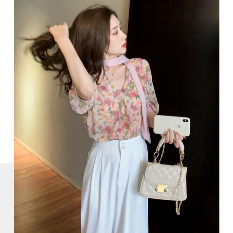 MDLV ~ 2444# Elverta Tie Neck Top Atasan Blouse Wanita Fashion Import