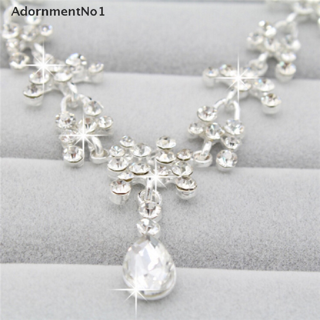 (AdornmentNo1) Set Kalung + Anting Tusuk Silver Aksen Kristal + Berlian Imitasi Untuk Perhiasan Wanita / Pernikahan