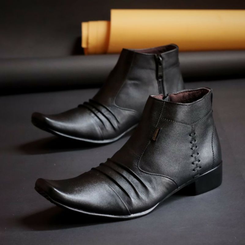 BADAMI BLACK Sepatu Pantofel Zipper Resleting Pria Kulit Asli Tinggi Lancip