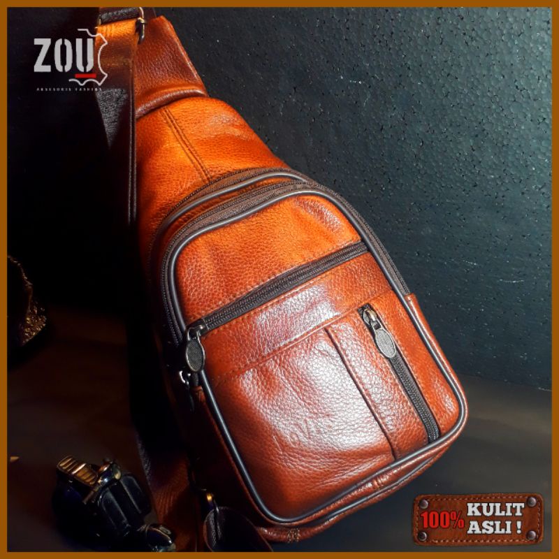 ZOU | Tas Selempang Pria Bahan Kulit Asli | Tas Selempang Bahu Kecil Pria Kulit Asli Motif Polos
