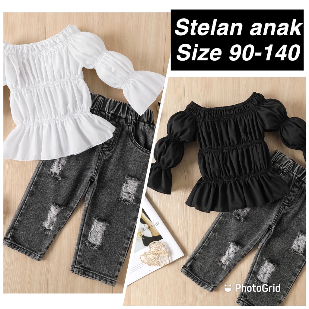 (LOLI-JKT) BS-285 SET ANAK CEWEK TOP TOODLER SNOW HITAM RIPPED SIZE 90-140