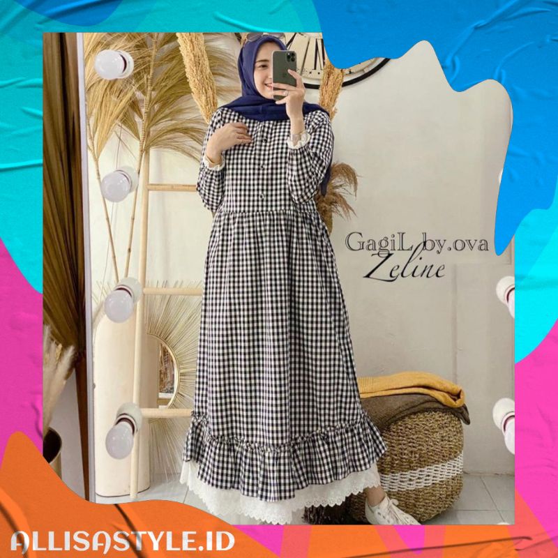 Zeline Maxi  Gamis Kotak Kotak Terbaru  MURAH Bisa COD  Dress Murah