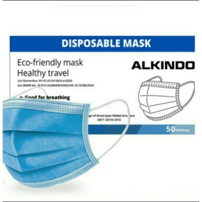 Masker ALKINDO Earloop Biru 3 ply Tebal 1 box/sachet isi 50 pcs