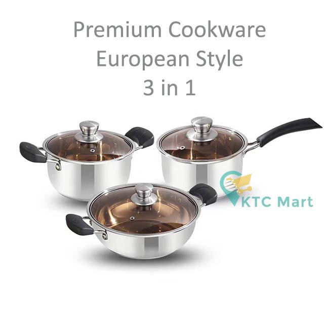 KTCmart - Panci Eropa Set 3in1 Stainless Steel 304 Tutup Kaca Premium Cookware