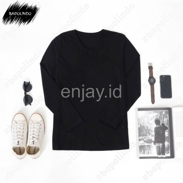 enjay.id - PREMIUM Kaos warna Hitam oblong ANTI BAKTERI Leher V neck lengan panjang Original