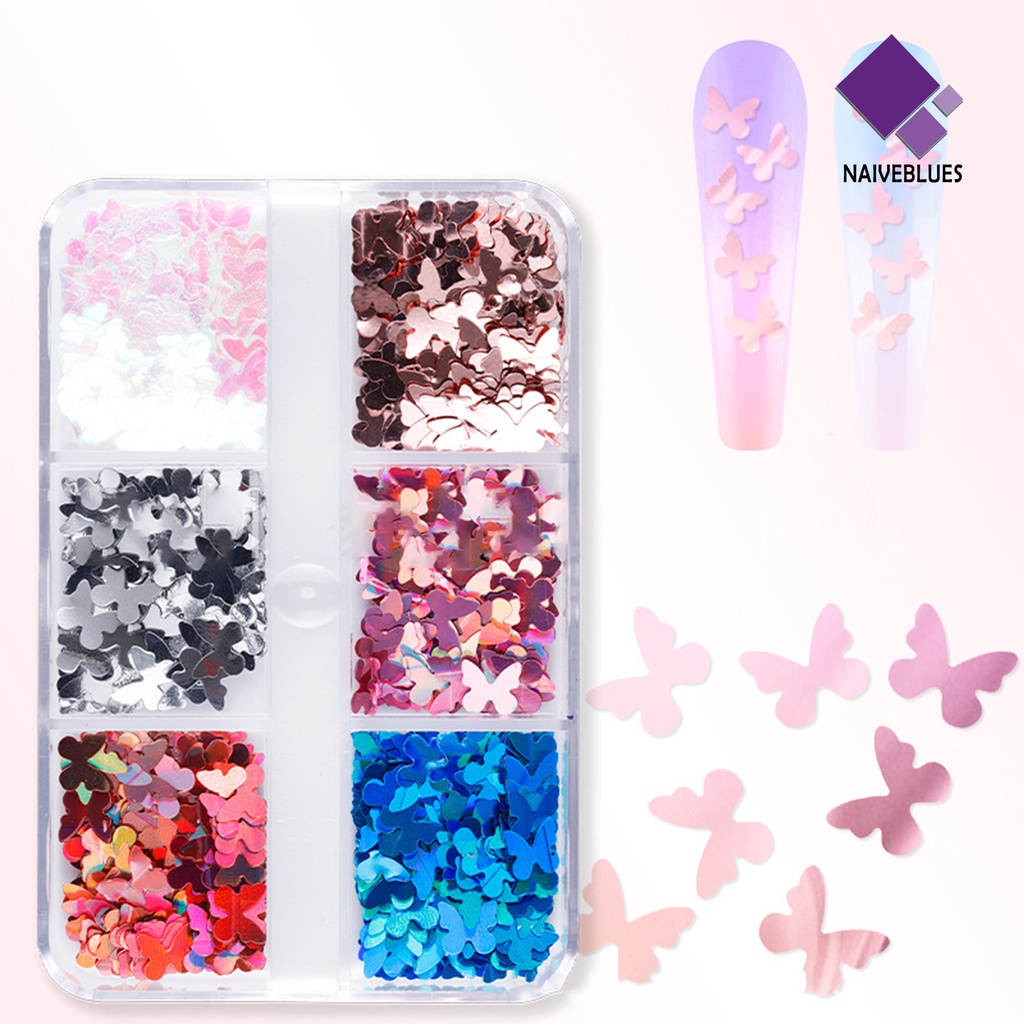 Naiveblue &gt; 6 Sekat / Kotak Sequin / Payet Bentuk Kupu-Kupu Untuk Dekorasi Nail Art Butterfly