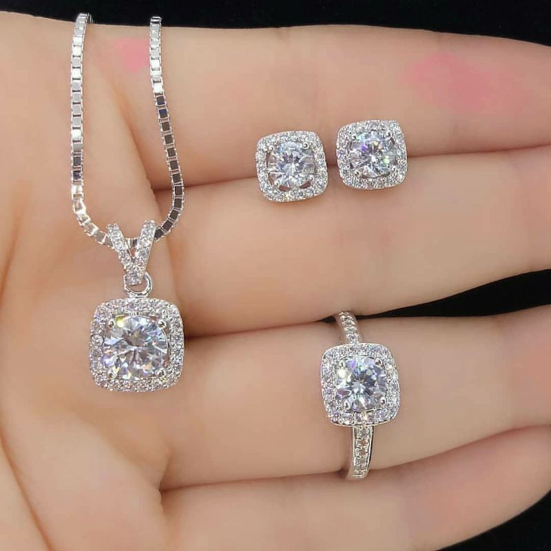 Set Perhiasan Swarovski Set Perhiasan Berlian Perhiasan Silver Perak Emas Wanita Cincin Anting Kalun