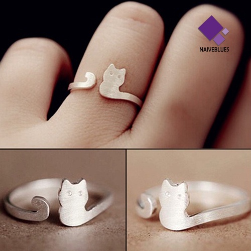 Cincin Model Terbuka Adjustable Desain Kucing Lapis Silver Untuk Wanita