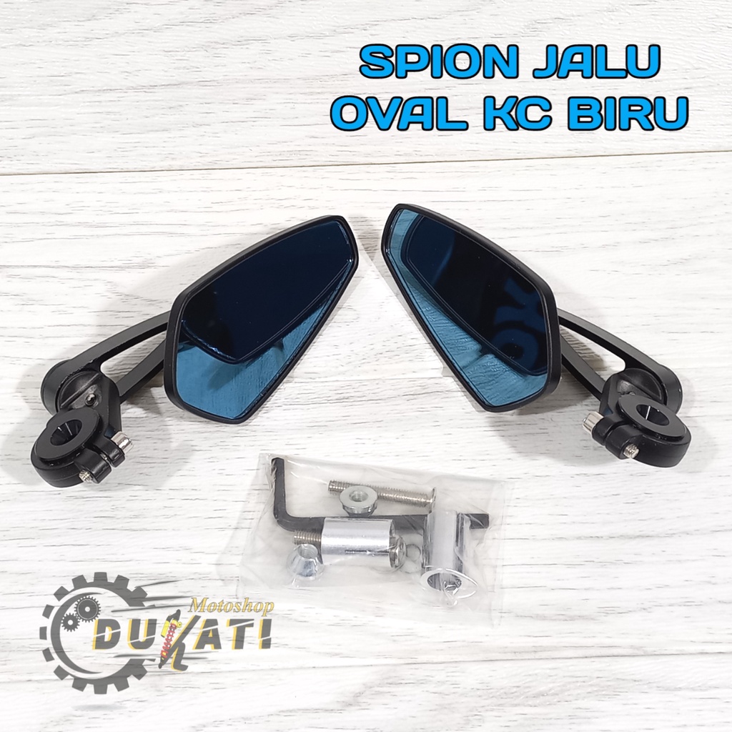 Spion Jalu Oval Lipat Putar CNC Universal Bar End Miror Kaca Biru