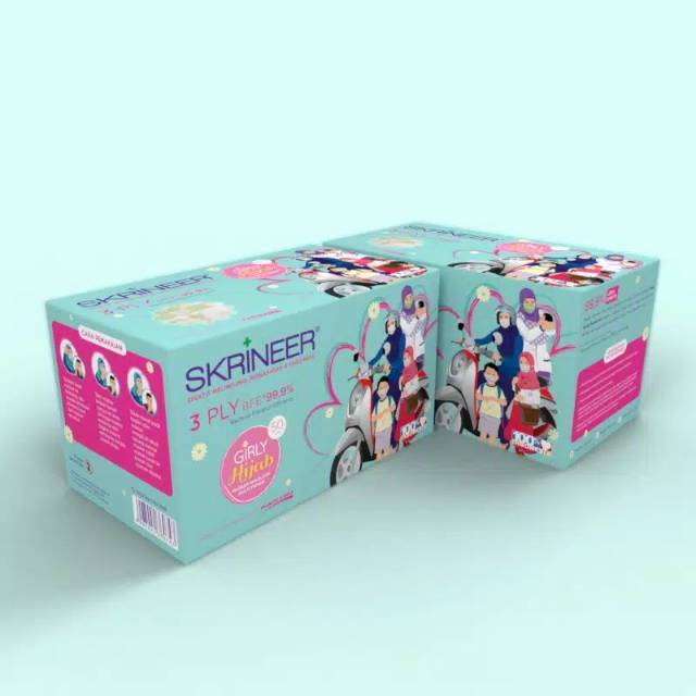 1 box isi 50 pcs Masker Hijab Skrineer 3 ply / Headloop Mask / Masker Kesehatan / Masker Sensi Evo