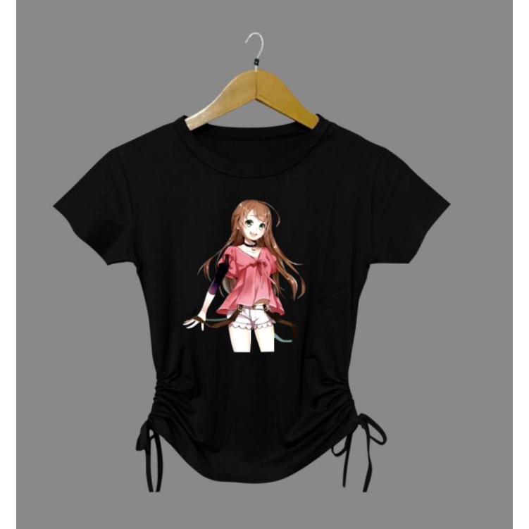 kaos oblong wanita kanan kiri jahit serut gambar anime/tali lengan pendek/bisa COD