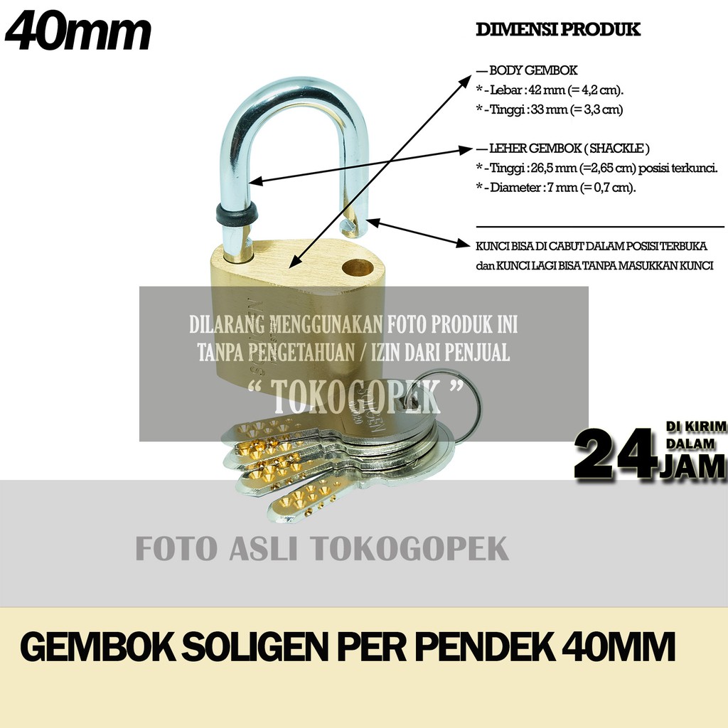 GEMBOK SOLIGEN PER PENDEK 40mm KUNINGAN + 4 COMPUTER KEY