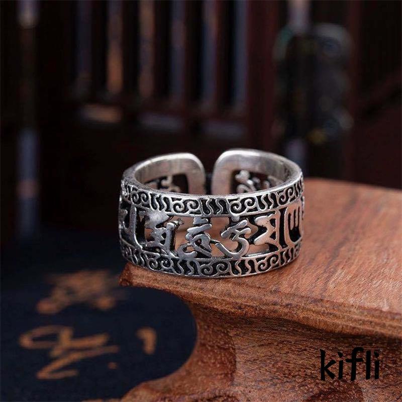 Cincin Model Terbuka Desain Six-character Proverbs Hollow out Gaya Tibet Retro Untuk Pria Dan Wanita