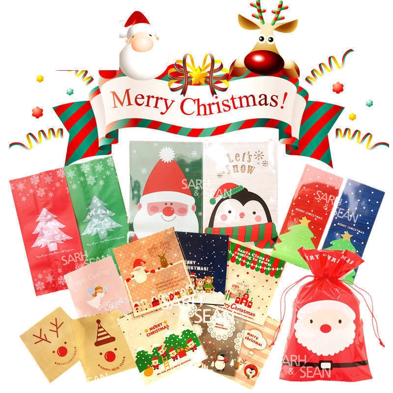 100pcs Kantong Permen / Kue / Biskuit / Snack Motif Natal Dengan Perekat Navidad