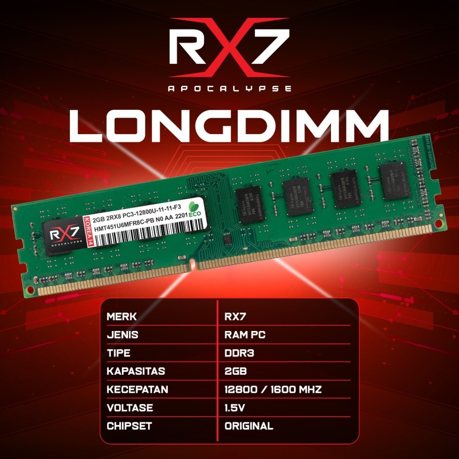 RAM RX7 DDR3 2GB 12800 Mhz GARANSI LIFETIME WARRANTY