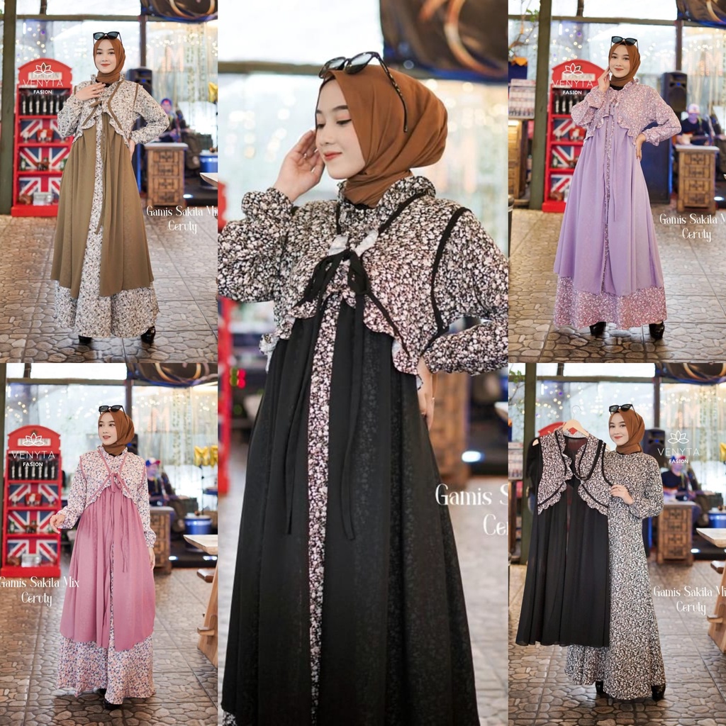 Gamis SET OUTER BLEZER CARDIGAN  2IN1 ori venyta LAILI LILI SET OUTHER  ROMPI baju muslim hits motif bunga umbrella Mayung syari maxidress pesta