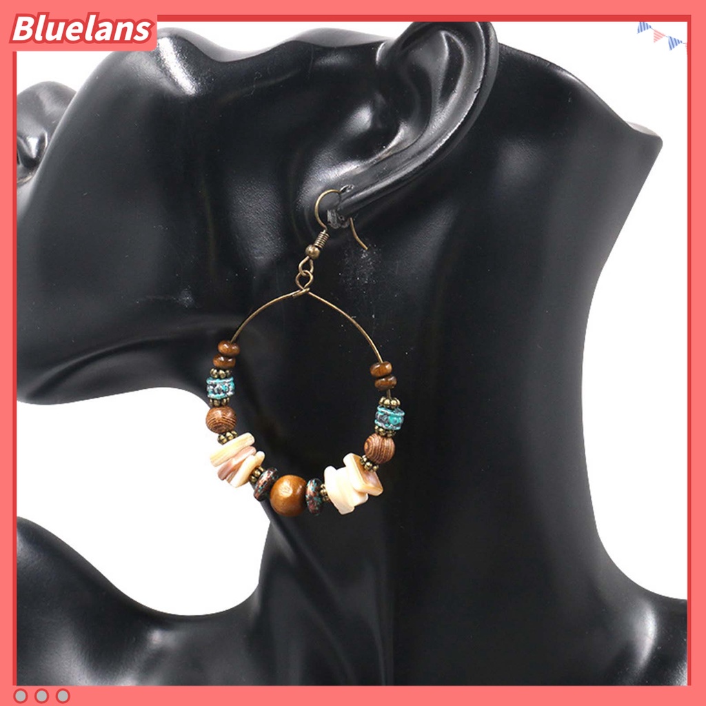 1 Pasang Anting Bentuk Bulat Bahan Alloy Aksen Manik-Manik Kayu Gaya Retro Boho