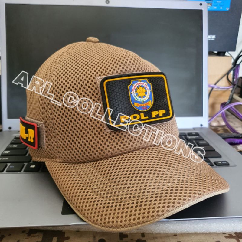 topi jaring double mes pol pp/topi pol pp cream plus 3 patch rubber/topi satpol pp