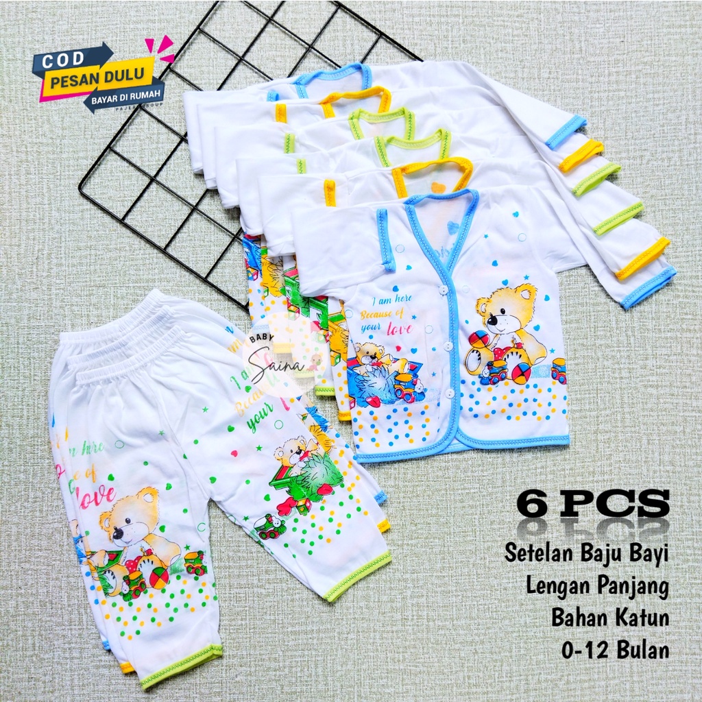 1/2 Lusin ( 6 set ) Setelan baju dan celana bayi lengan panjang KATUN perlengkapan bayi baru lahir n