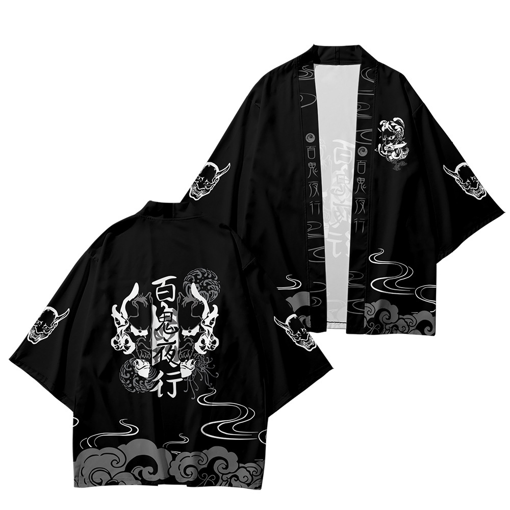 baju Fashion Women Men Loose Japanese Cartoon Anime Devil Samurai Cosplay Streetwear Hitam Beach Cardigan Harajuku Kimono Jepang Wanita Pria Cosplay Pakaian kimono jepang