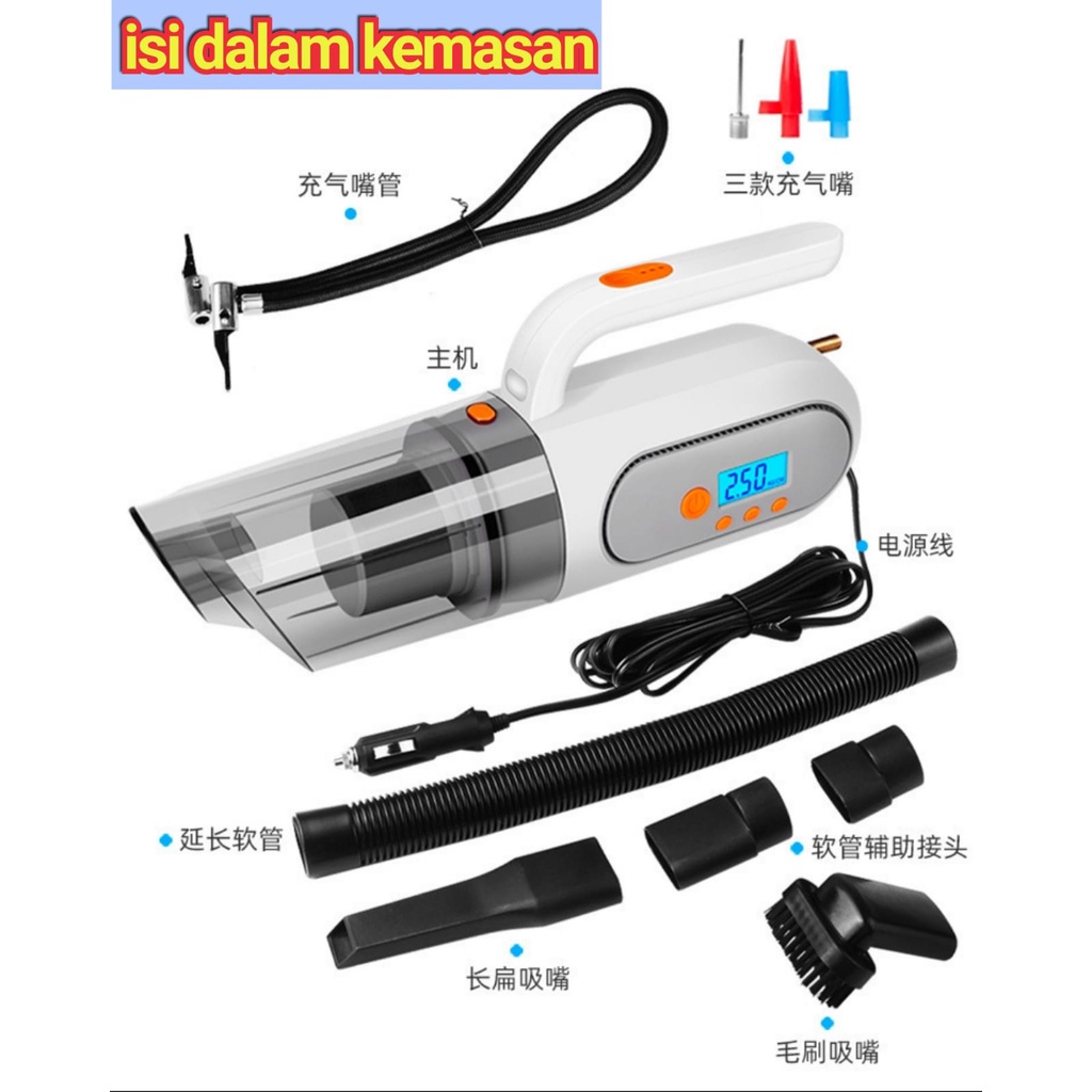 4in1 Vacuum Cleaner Mobil Portable Vacum Vakum Penyedot Debu + Pompa Angin Layar LED Digital