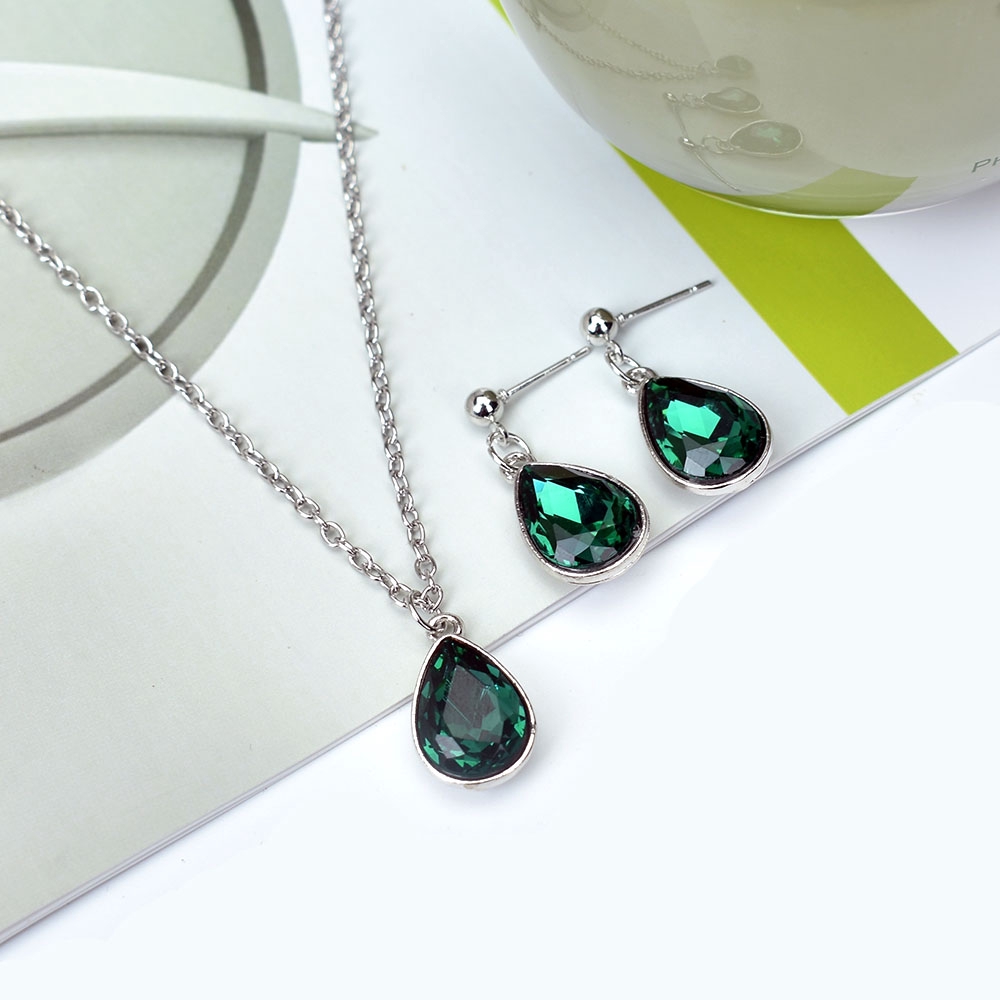 Set Anting Dan Kalung Choker Bentuk Tetesan Air Geometris Aksen Kristal Warna Merah Biru Untuk Wanita